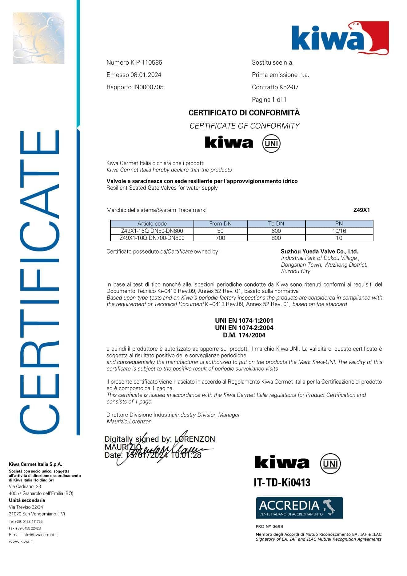 Certificat Kiwa – Suzhou Yueda Valve