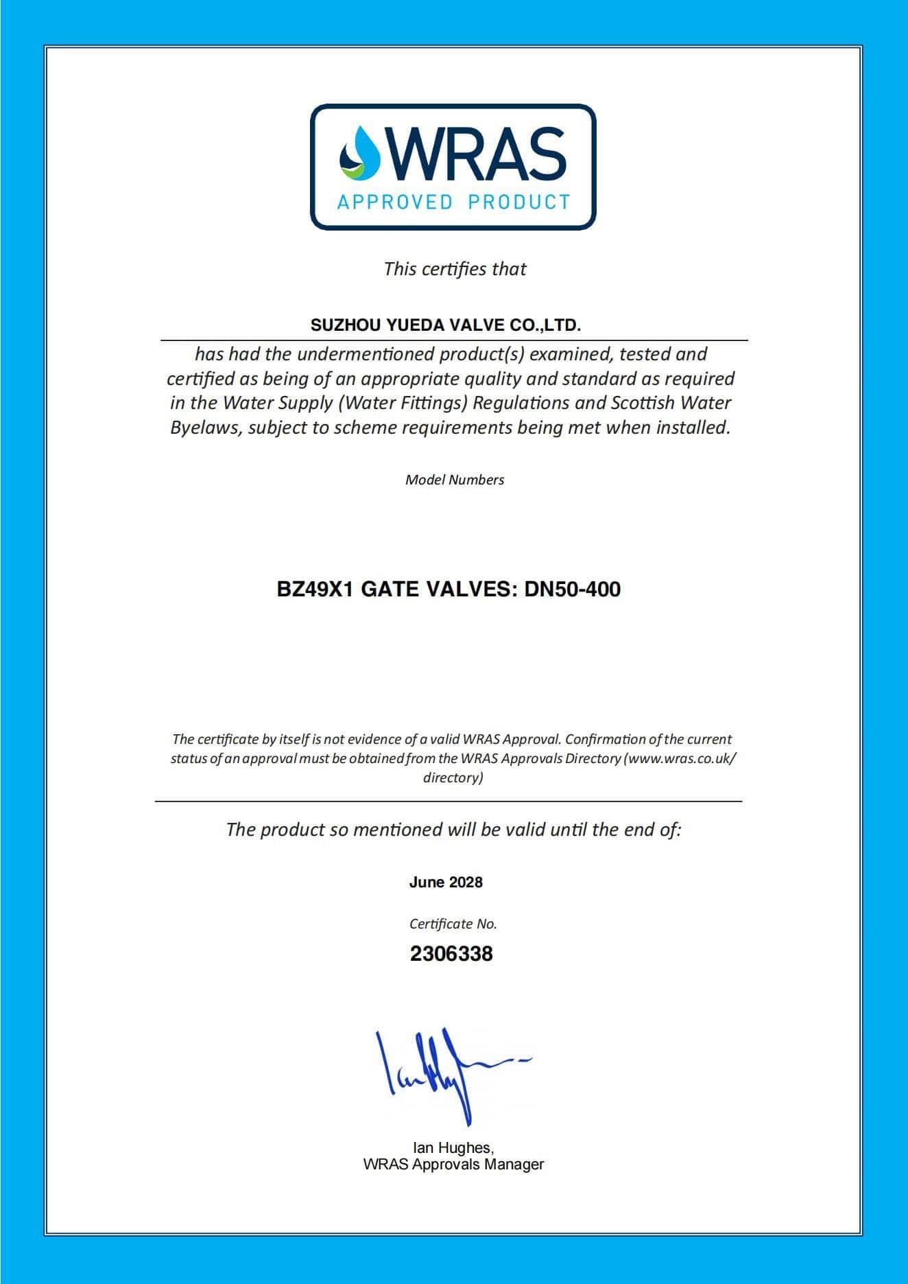 Certificat WRAS – Suzhou Yueda Valve